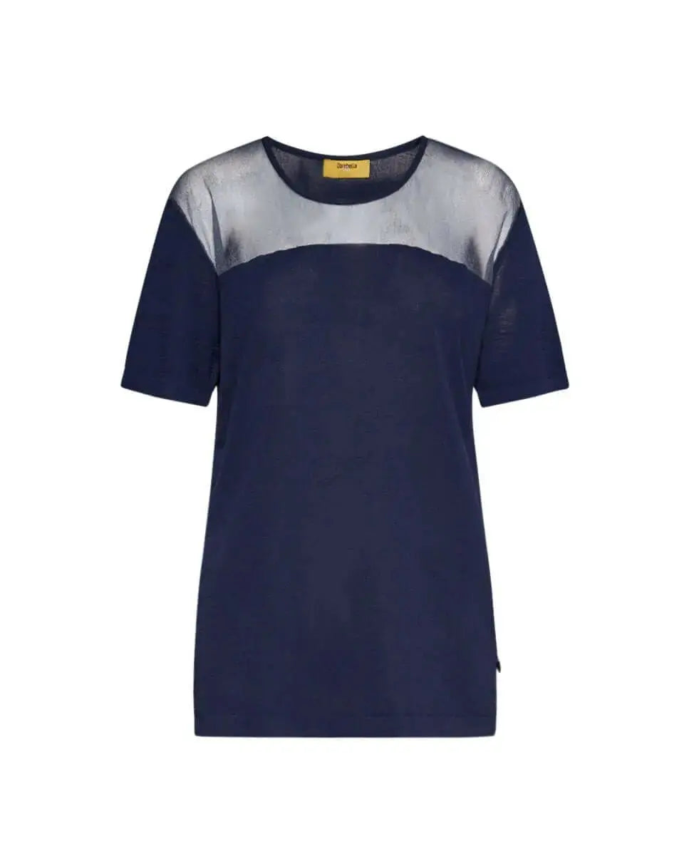 Maglia a maniche corte in filato di misto viscosa con carré in tulle BLU DORABELLA PIU' XXXL