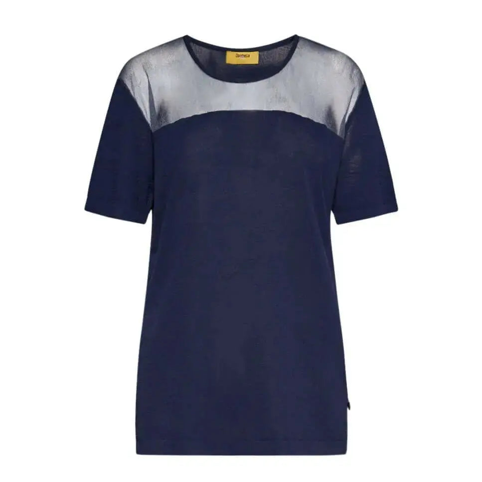 Maglia a maniche corte in filato di misto viscosa con carré in tulle BLU DORABELLA PIU' XXXL