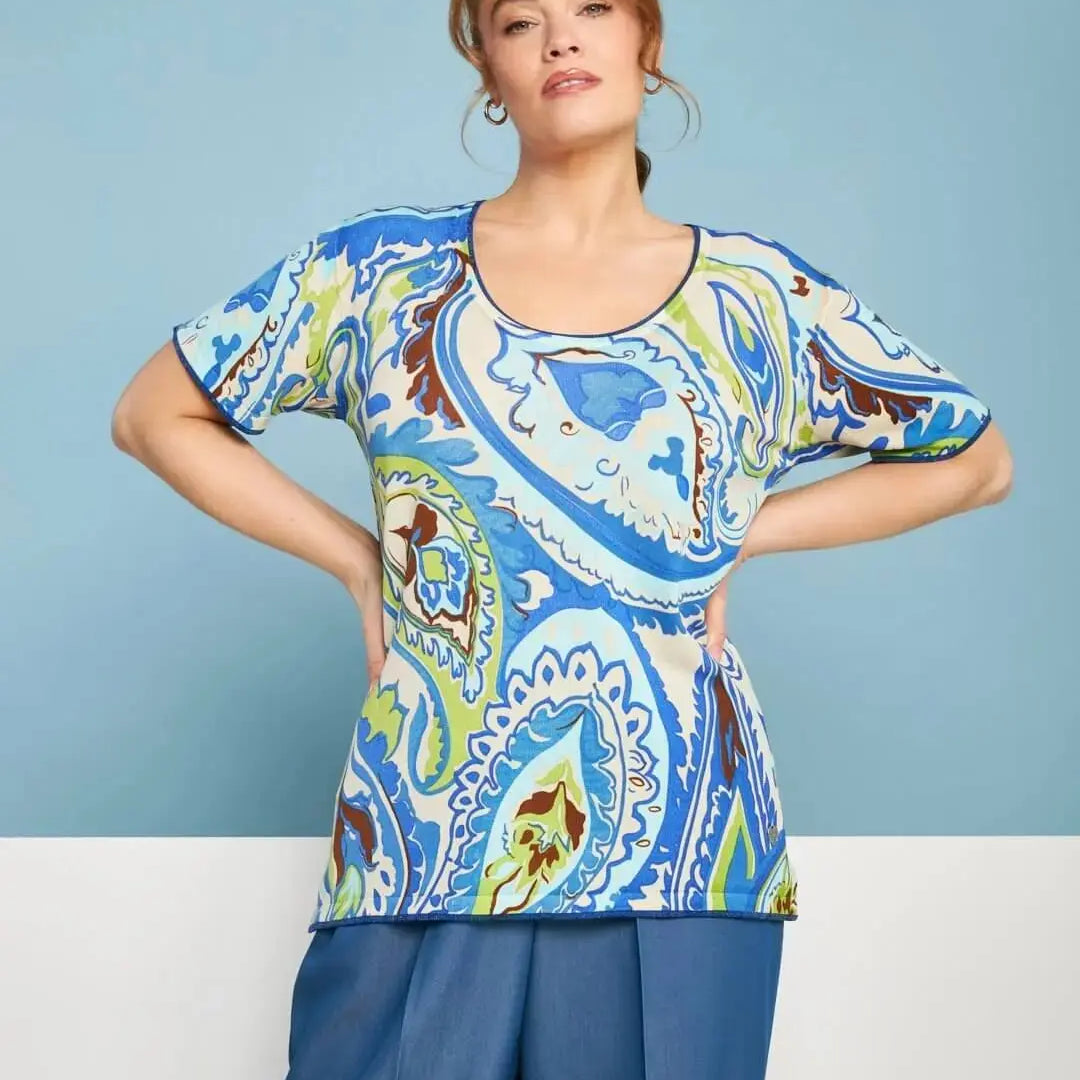 Maglia a maniche corte in filato di misto viscosa fantasia cashmere con profili lurex MULTICOLOR DORABELLA PIU' XXL
