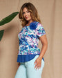Maglia a maniche corte in filato di viscosa con fantasia floreale con inserto stile camicia in georg BLU DORABELLA