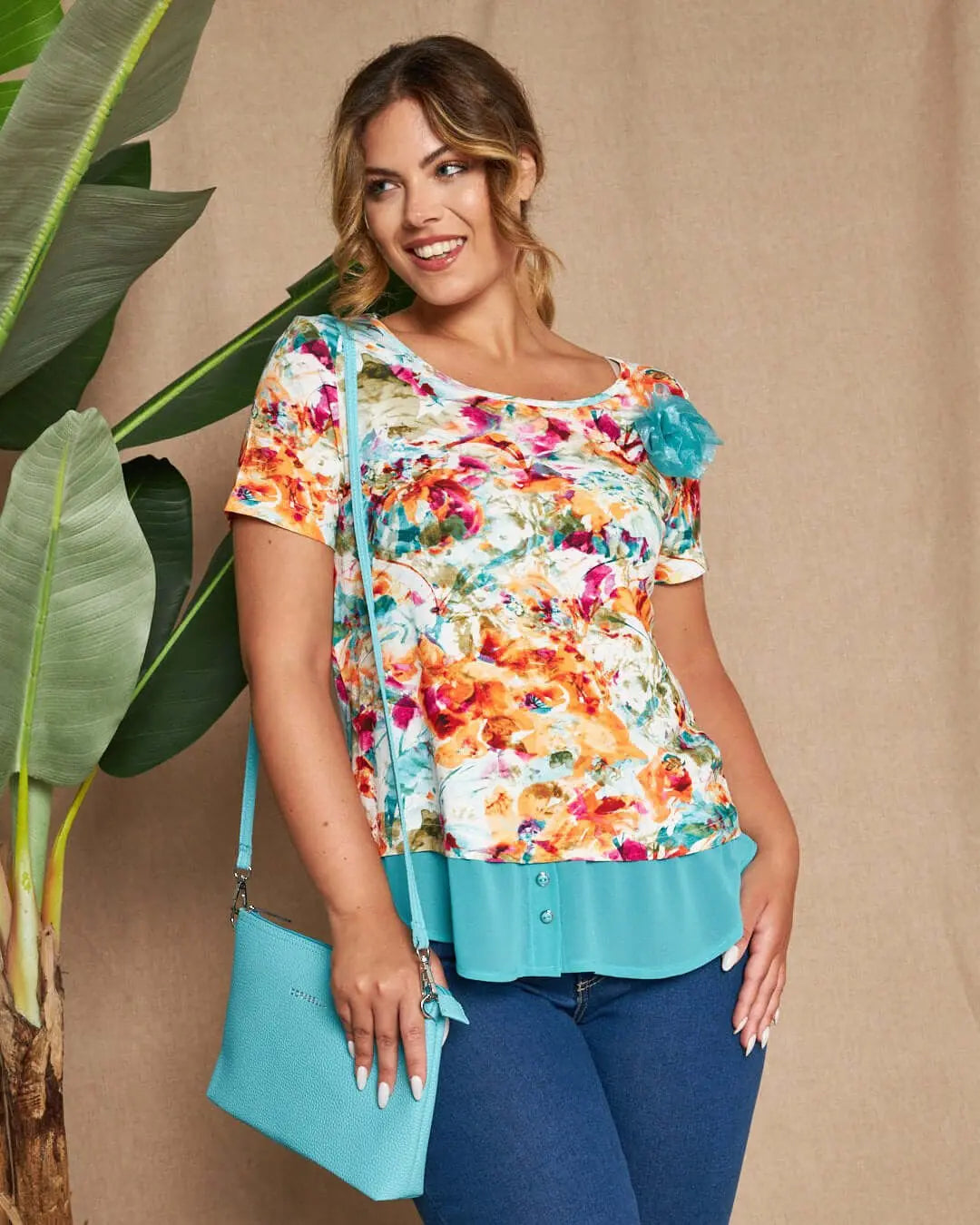 Maglia a maniche corte in filato di viscosa con fantasia floreale con inserto stile camicia in georg VERDE DORABELLA