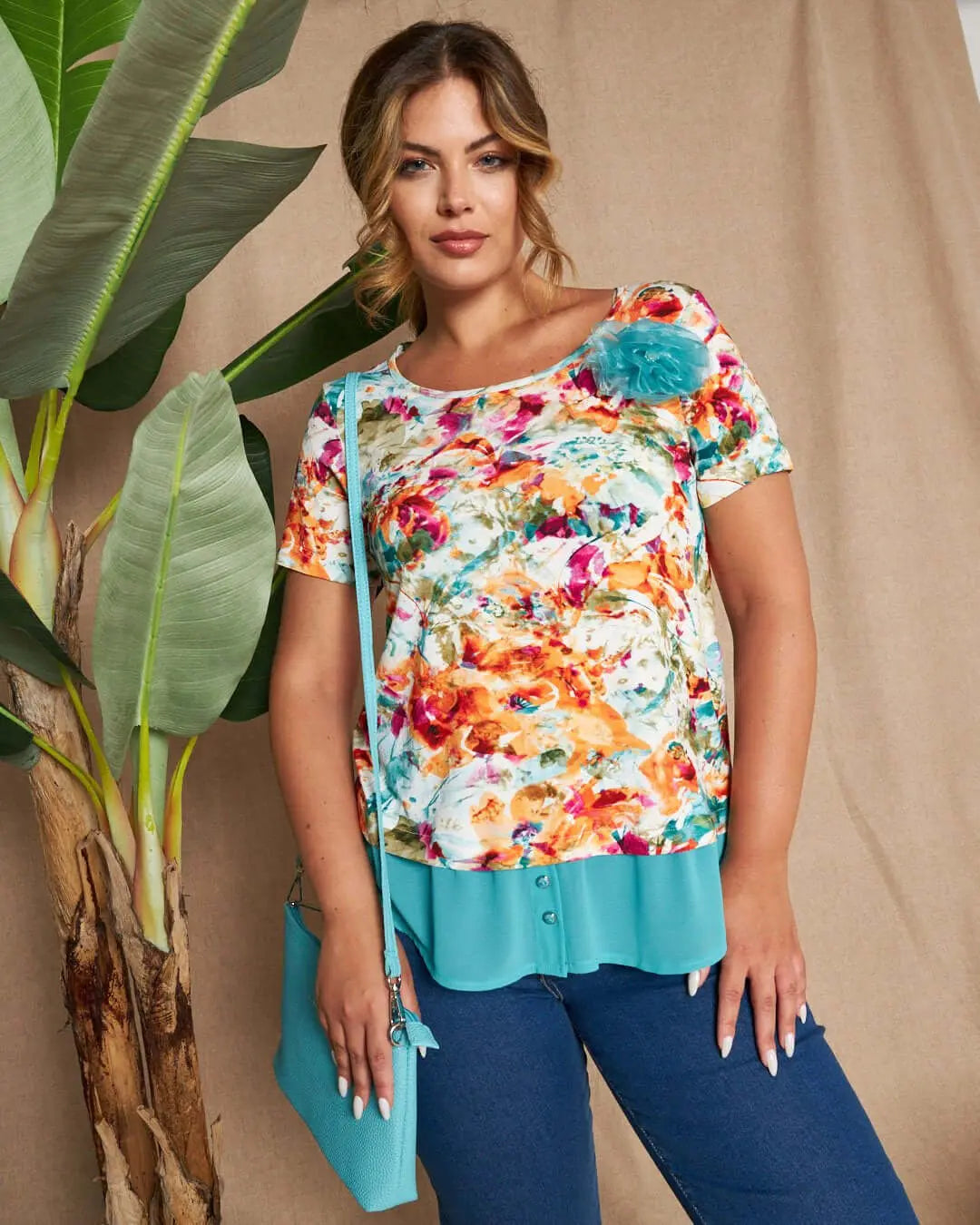 Maglia a maniche corte in filato di viscosa con fantasia floreale con inserto stile camicia in georg VERDE DORABELLA