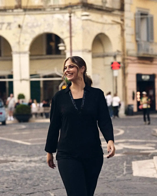 Maglia a maniche lunghe con scollo a V con inserto in paillettes tono su tono NERO DORABELLA PIU' XXXL