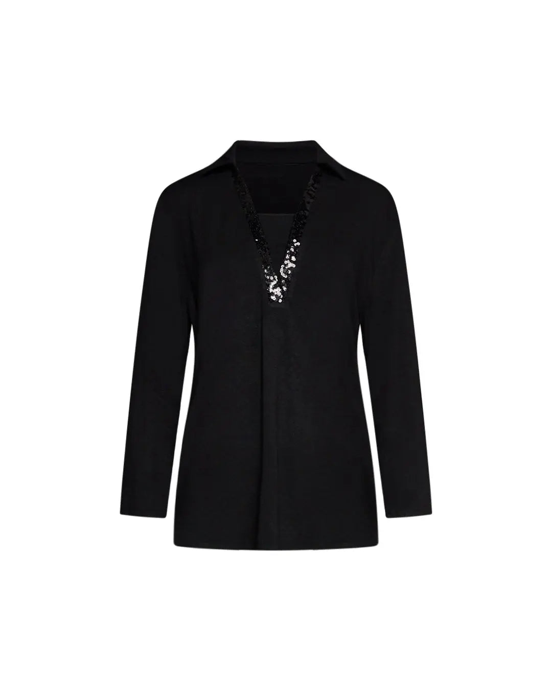 Maglia a maniche lunghe con scollo a V con inserto in paillettes tono su tono NERO DORABELLA PIU'