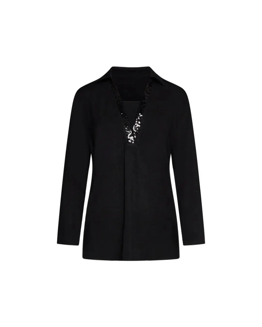 Maglia a maniche lunghe con scollo a V con inserto in paillettes tono su tono NERO DORABELLA PIU'