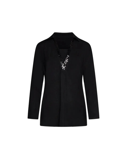 Maglia a maniche lunghe con scollo a V con inserto in paillettes tono su tono NERO DORABELLA PIU'