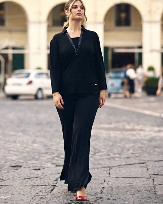 Maglia a maniche lunghe con scollo a V con inserto in paillettes tono su tono NERO DORABELLA PIU'