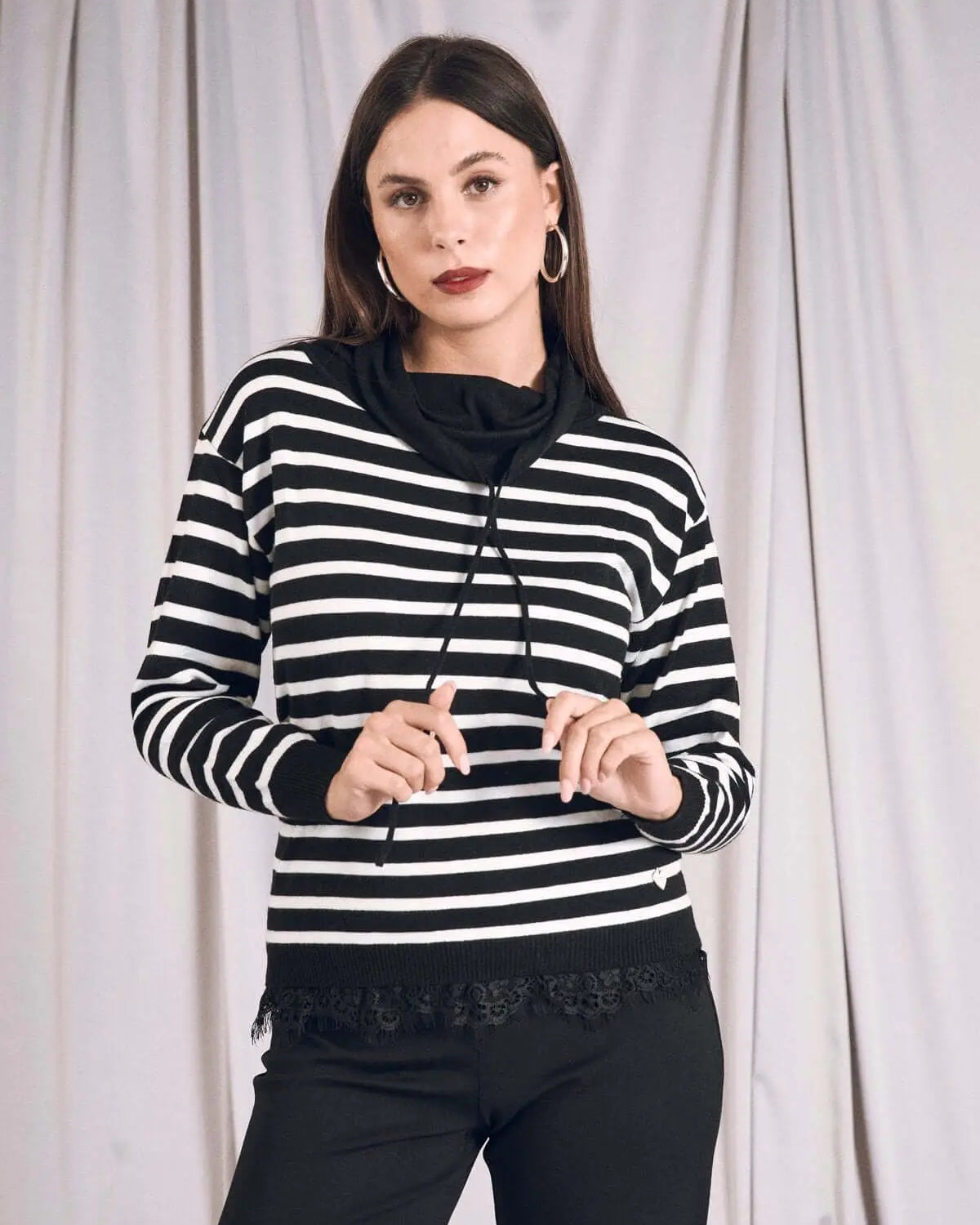 Maglia a righe con collo a cratere e coulisse NERO DORABELLA