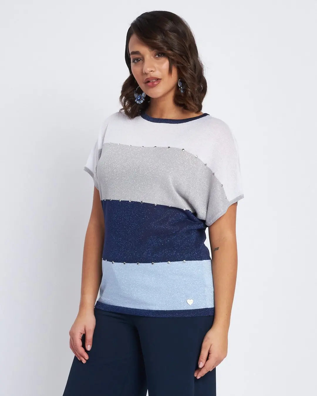 Maglia a righe con inserti lurex e borchie BLU DORABELLA XL
