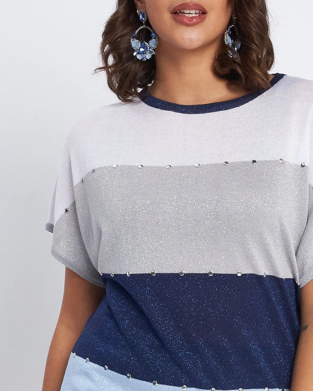 Maglia a righe con inserti lurex e borchie BLU DORABELLA