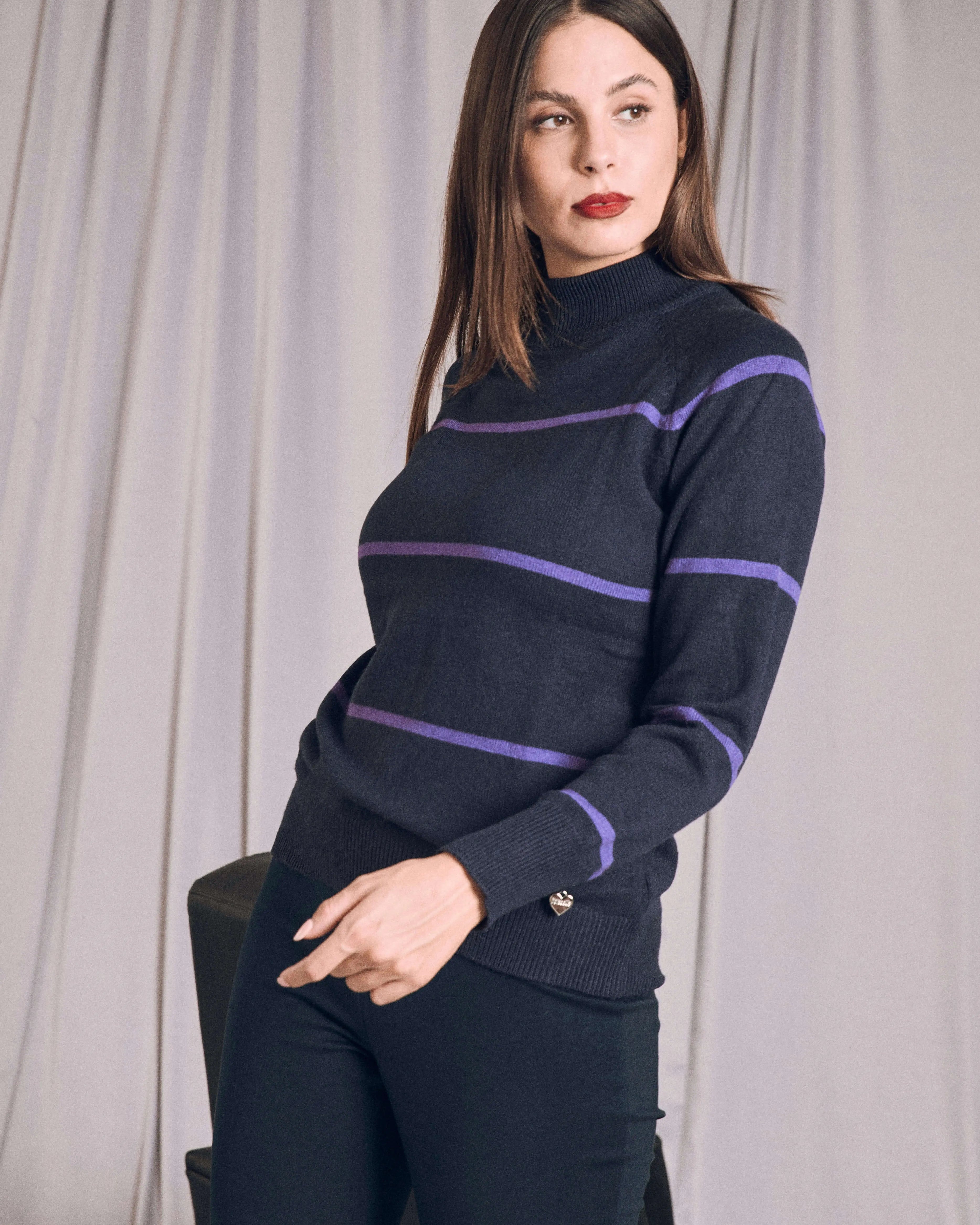 Maglia a righe con mezzo collo a costine BLU DORABELLA