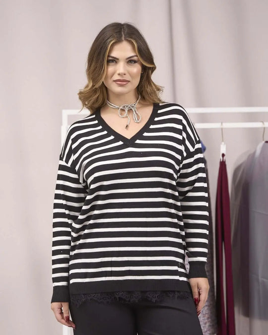 Maglia a righe con scollo a V e trina in pizzo NERO DORABELLA PIU' XXXL