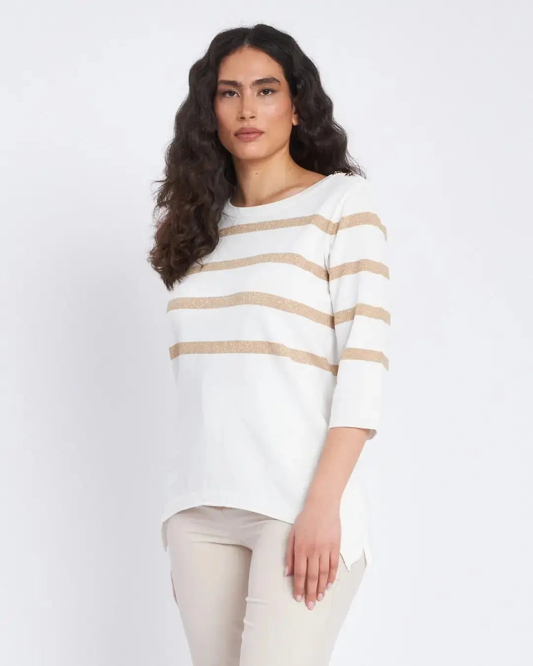 Maglia a righe in misto lurex con bottoni BIANCO DORABELLA XXL
