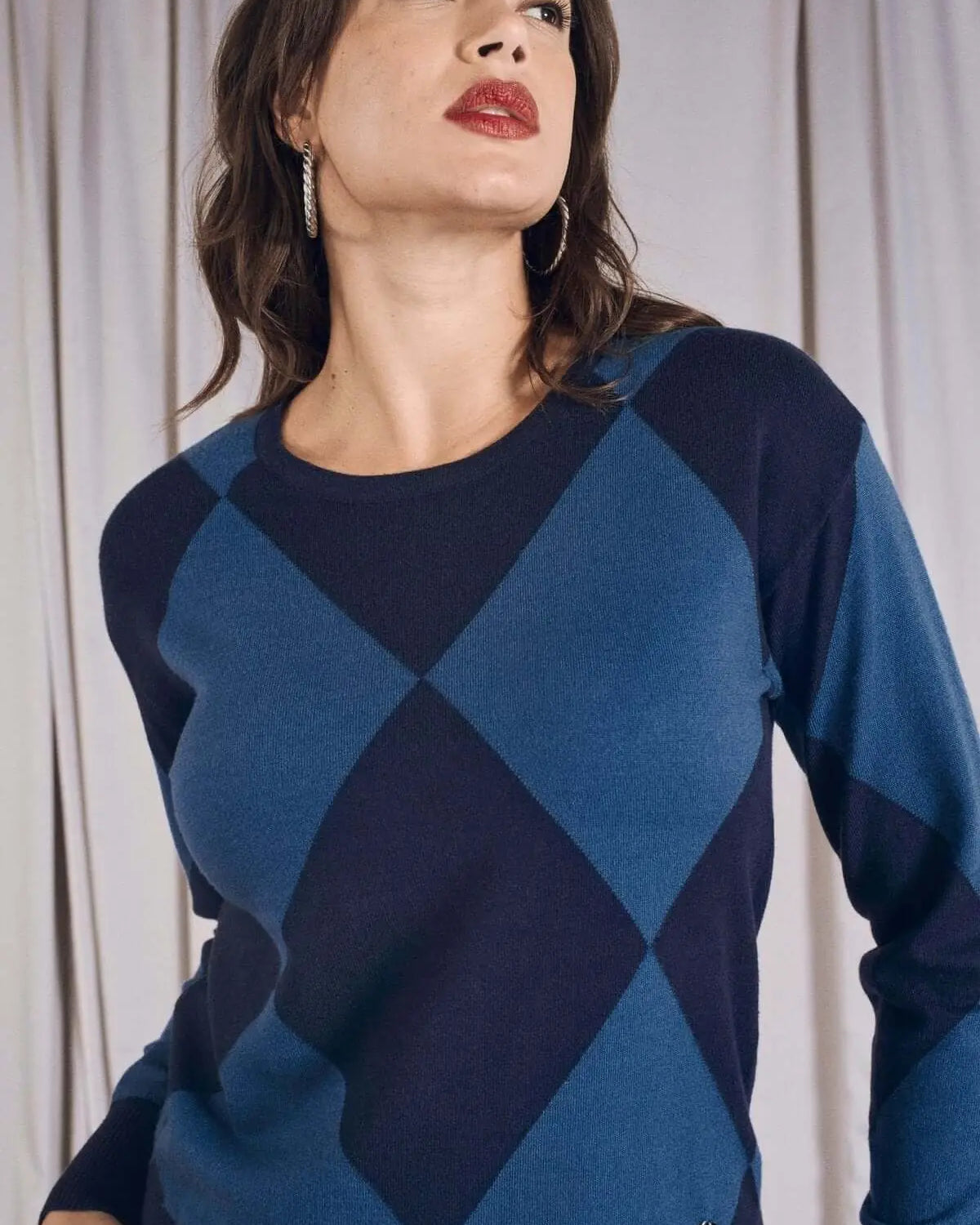 Maglia a rombi con collo alto removibile BLU DORABELLA XL