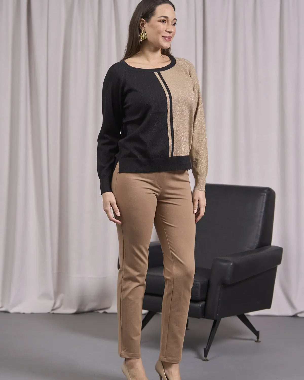 Maglia bicolor con righe frontali NERO-CAMMELLO DORABELLA