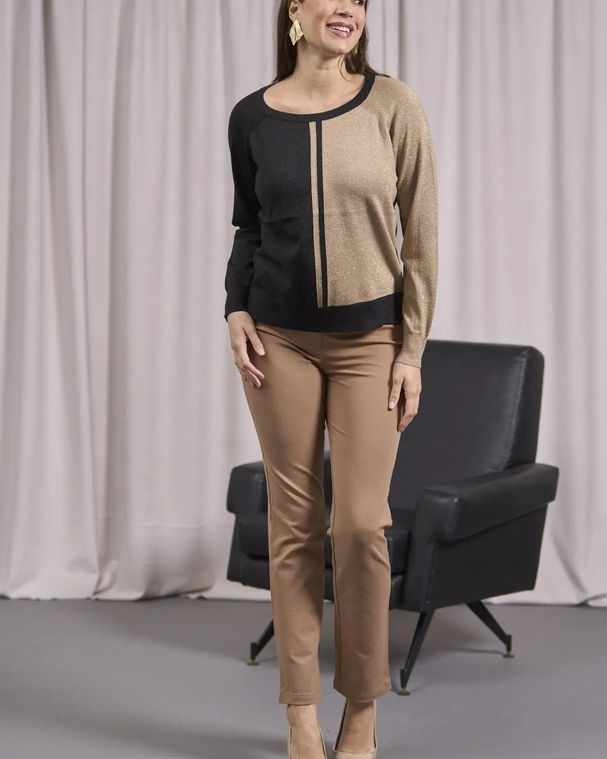 Maglia bicolor con righe frontali NERO-CAMMELLO DORABELLA