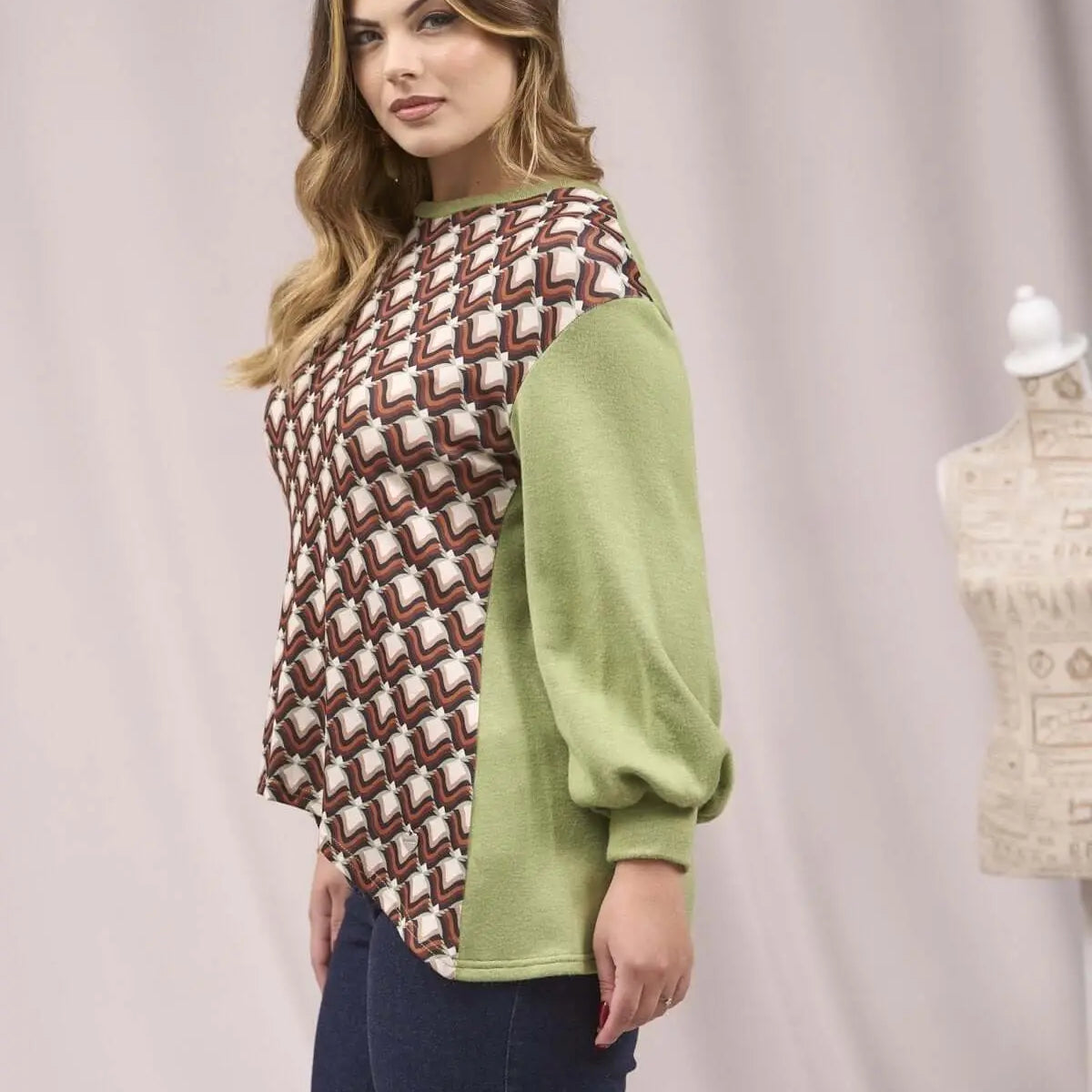 Maglia bimaterica con maniche a sbuffo VERDE DORABELLA