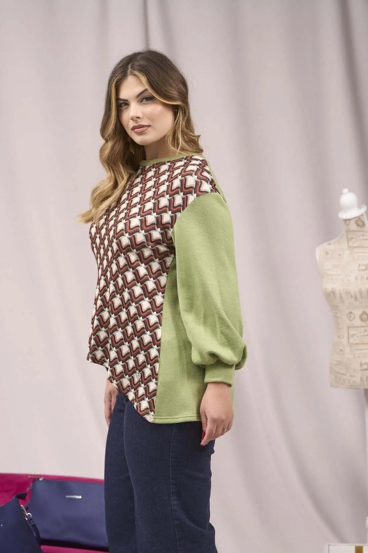 Maglia bimaterica con maniche a sbuffo VERDE DORABELLA