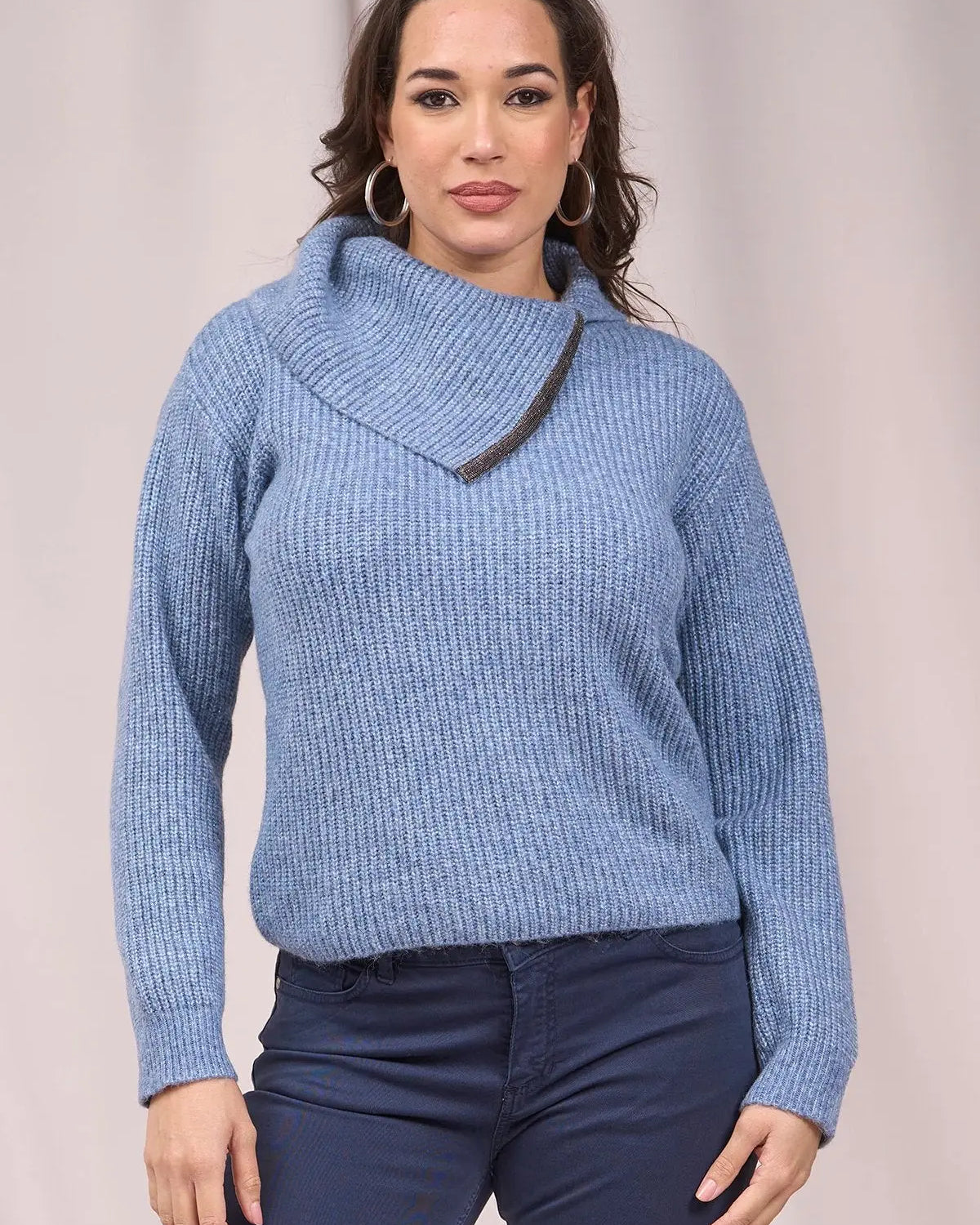 Maglia con collo alto asimmetrico e passamaneria AZZURRO IRONICA