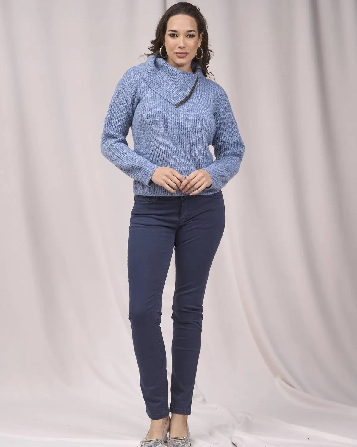 Maglia con collo alto asimmetrico e passamaneria AZZURRO IRONICA