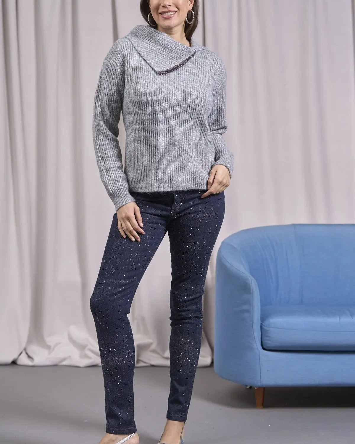 Maglia con collo alto asimmetrico e passamaneria GRIGIO MELANGE IRONICA