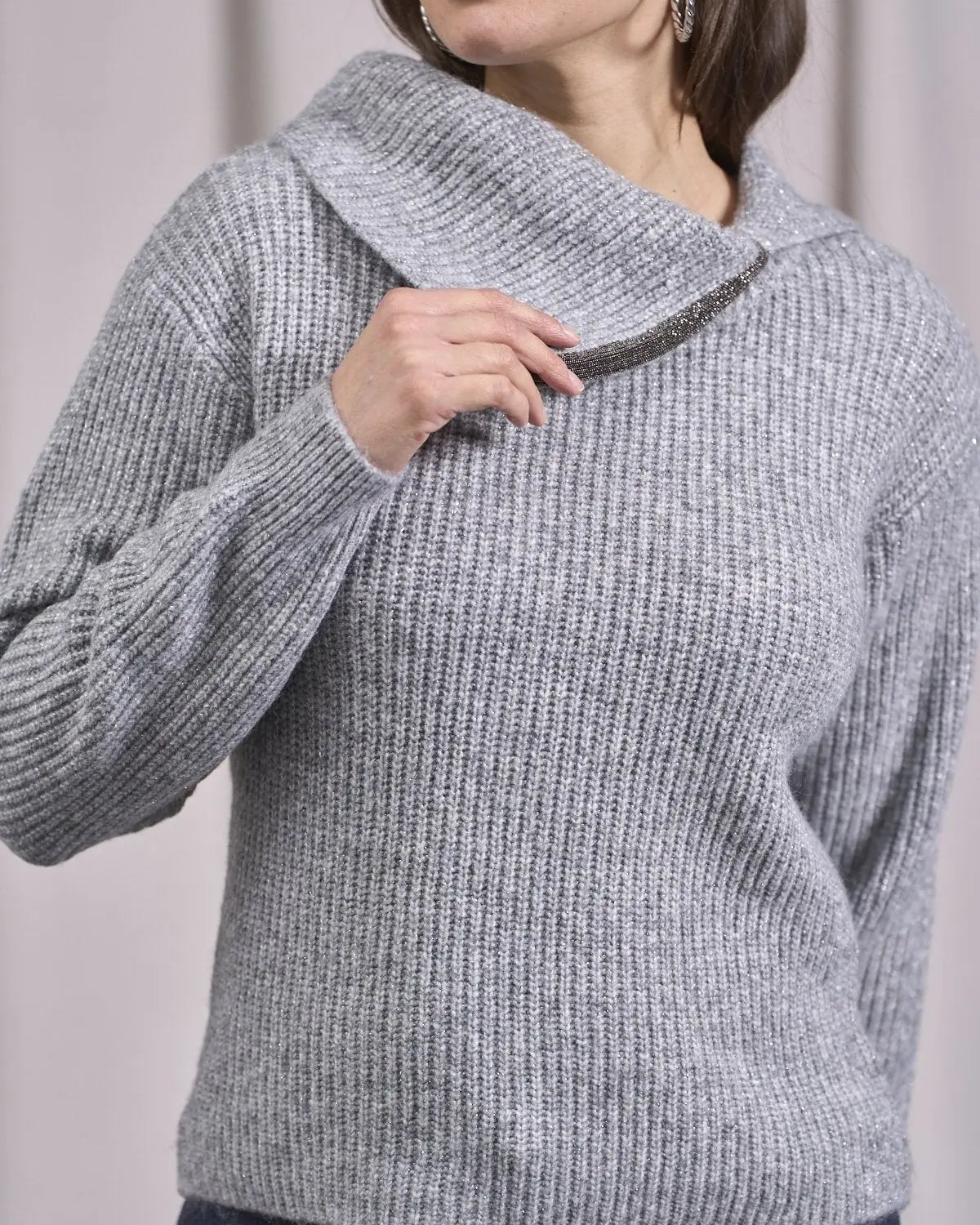 Maglia con collo alto asimmetrico e passamaneria GRIGIO MELANGE IRONICA