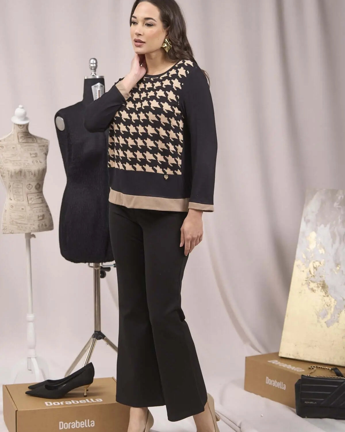 Maglia con davanti a fantasia ed inserti NERO DORABELLA