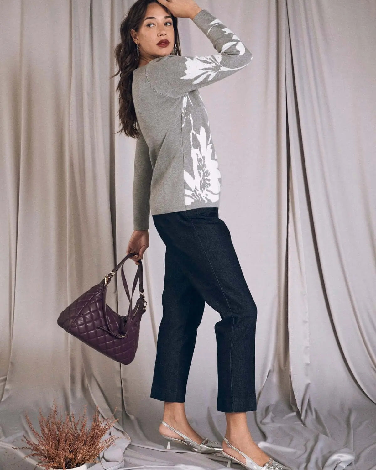 Maglia con intarsio a motivo floreale LIGHT GREY DORABELLA