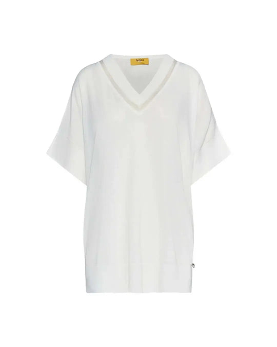 Maglia con manica kimono in filato di misto viscosa con inserto in tulle sullo scollo a V BIANCO DORABELLA PIU' XXXL