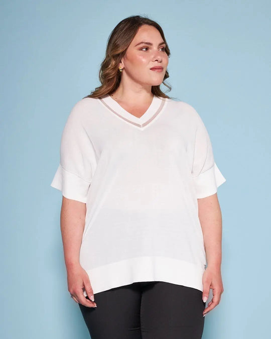 Maglia con manica kimono in filato di misto viscosa con inserto in tulle sullo scollo a V BIANCO DORABELLA PIU'