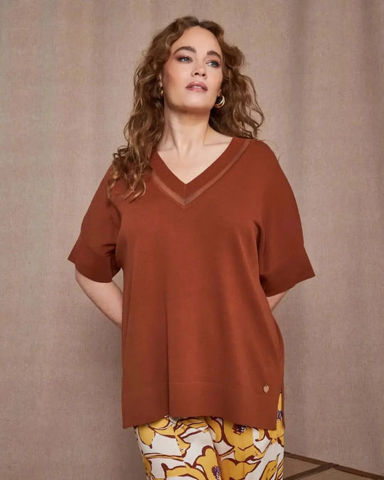 Maglia con manica kimono in filato di misto viscosa con inserto in tulle sullo scollo a V SAFARI DORABELLA PIU' XXXL