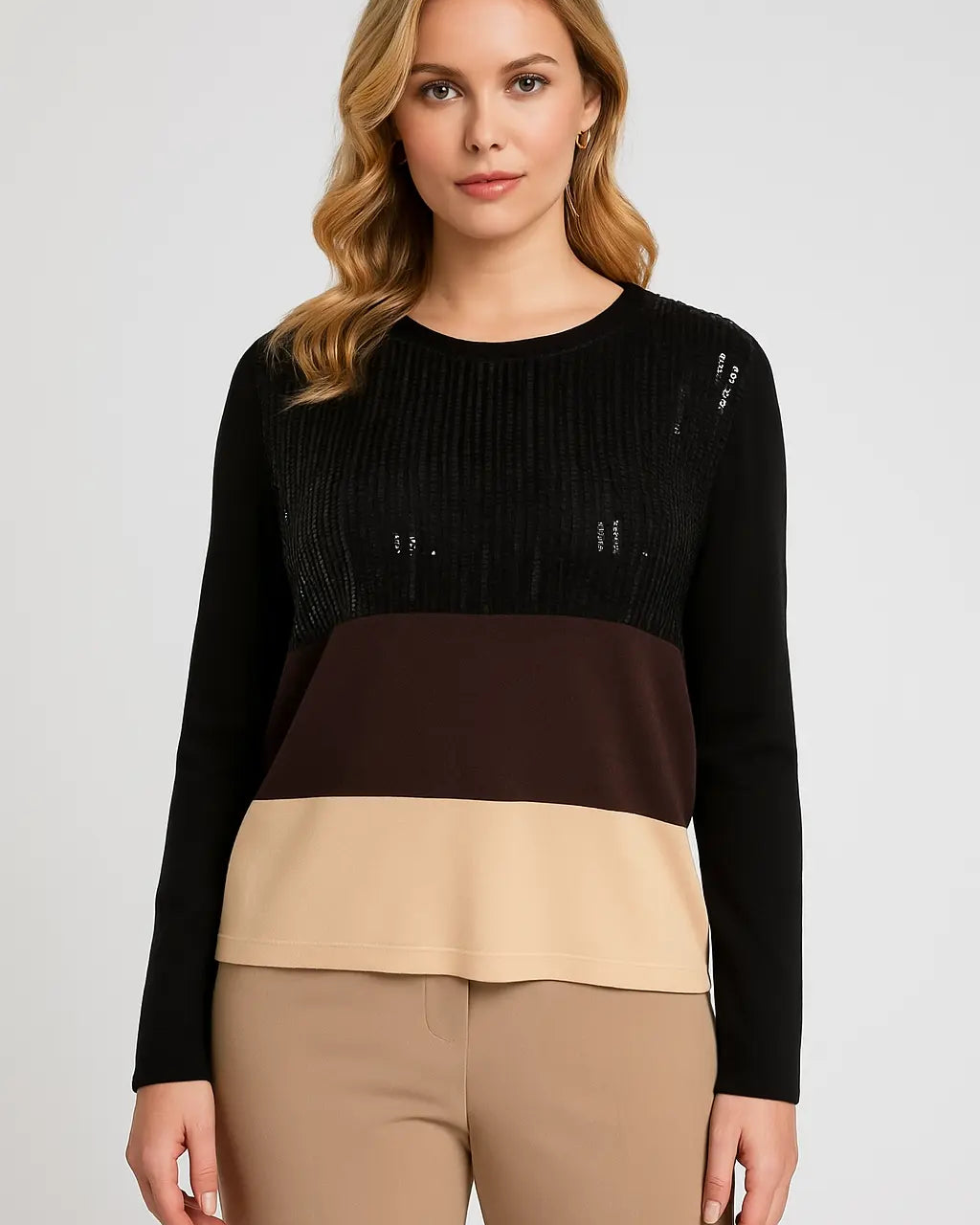 Maglia con paillettes color block manica lunga Beige Cacao DORABELLA