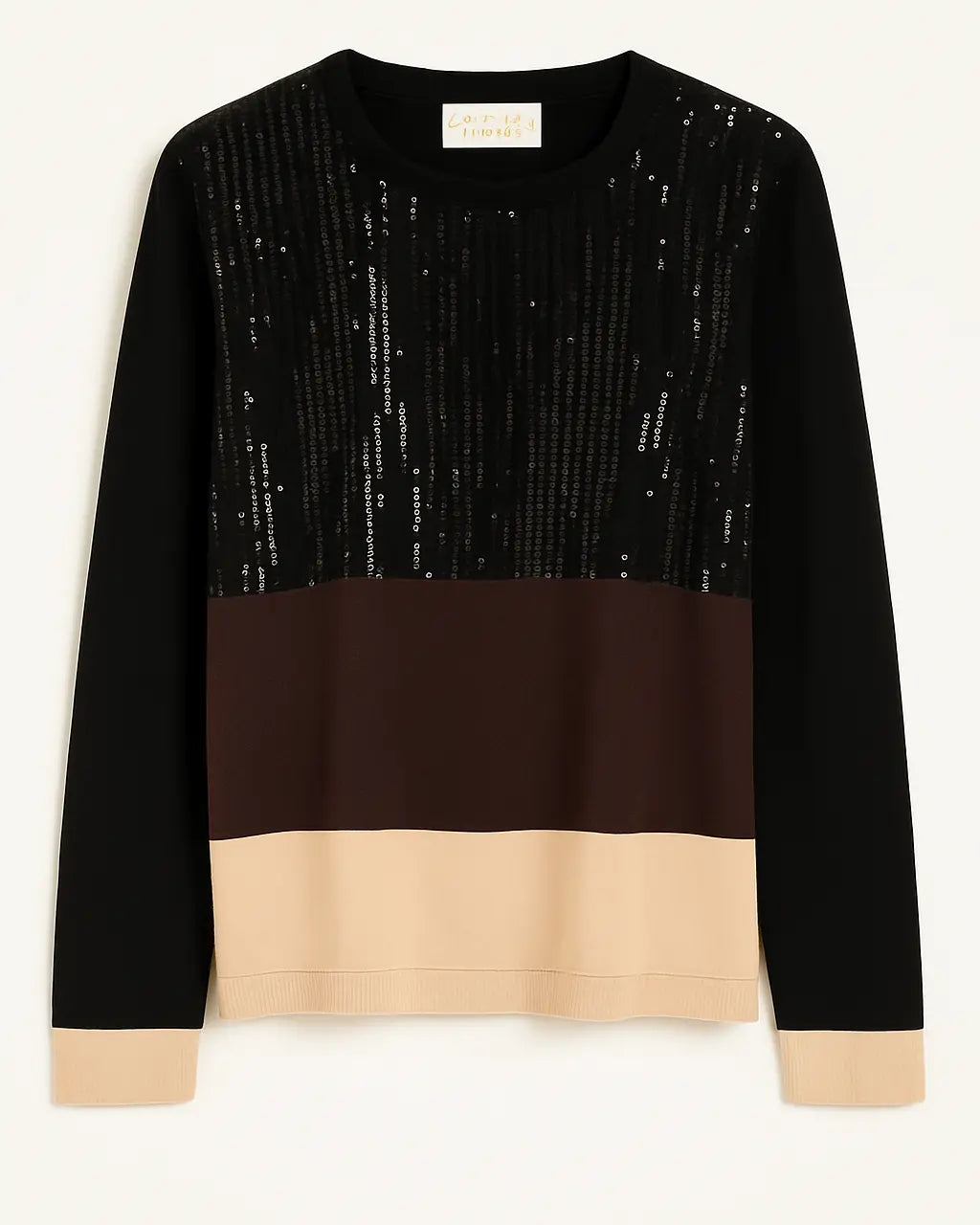 Maglia con paillettes color block manica lunga Beige Cacao DORABELLA