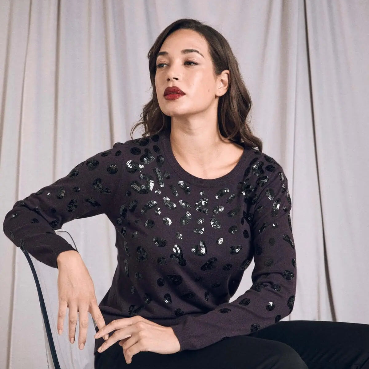 Maglia con ricamo animalier in paillettes PRUGNA DORABELLA