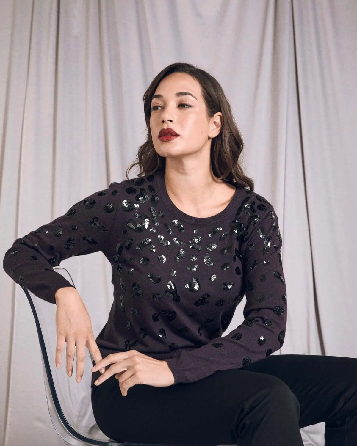 Maglia con ricamo animalier in paillettes PRUGNA DORABELLA