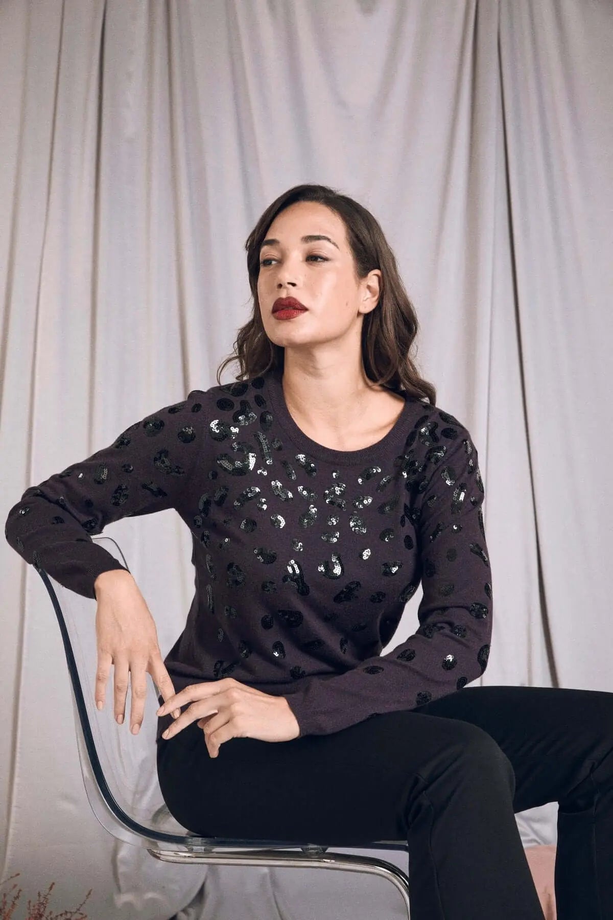 Maglia con ricamo animalier in paillettes PRUGNA DORABELLA