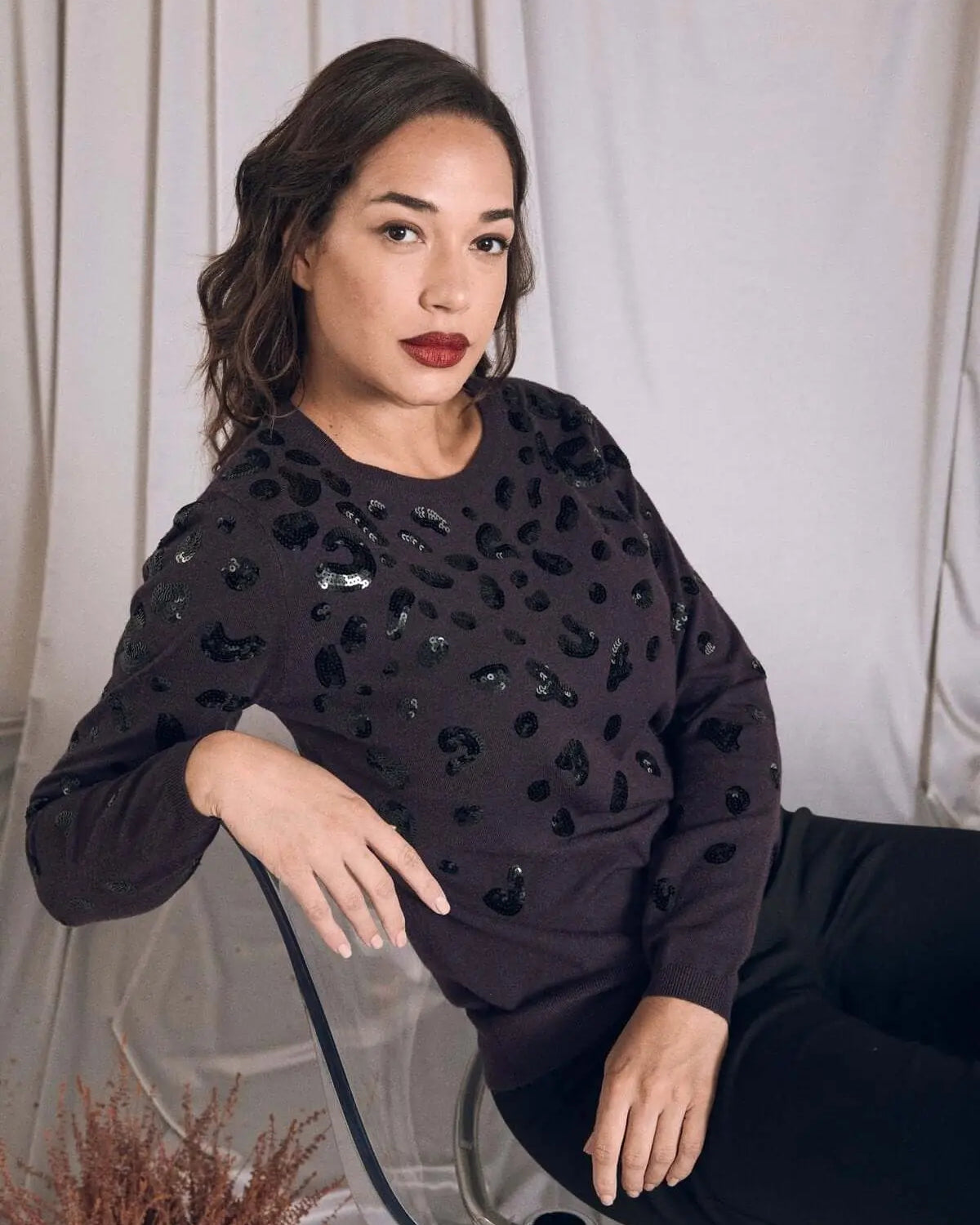 Maglia con ricamo animalier in paillettes PRUGNA DORABELLA