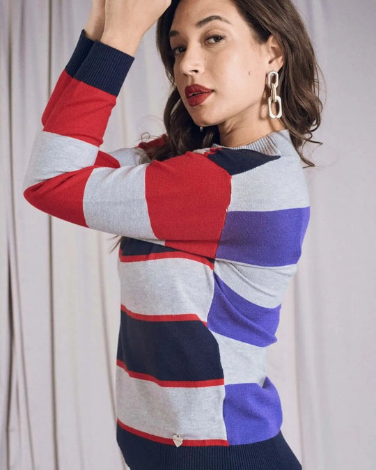 Maglia con scollino alto e motivo multiriga BLU DORABELLA
