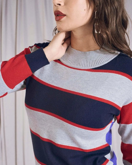 Maglia con scollino alto e motivo multiriga BLU DORABELLA