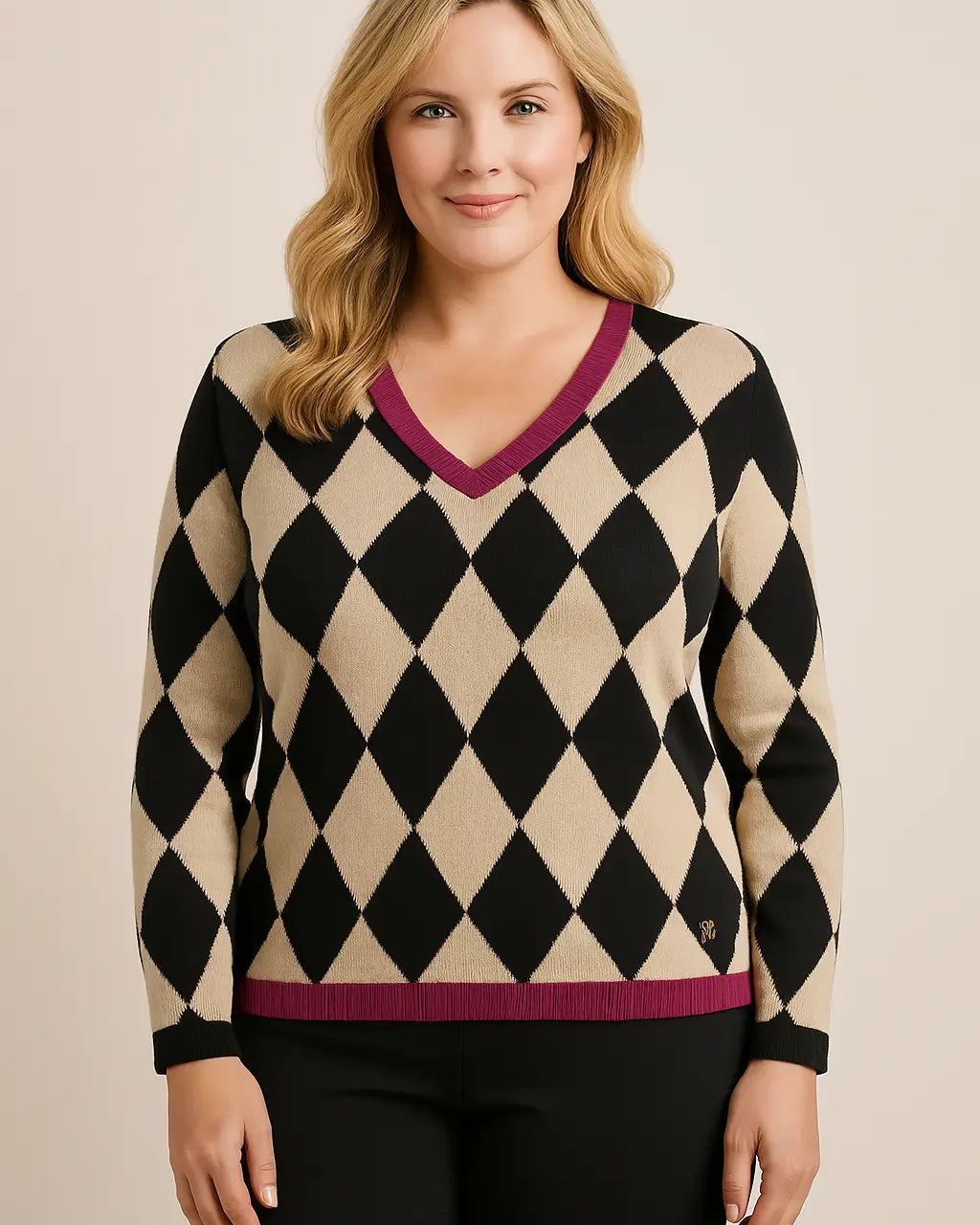 Maglia con scollo a V a rombi Oro nero DORABELLA