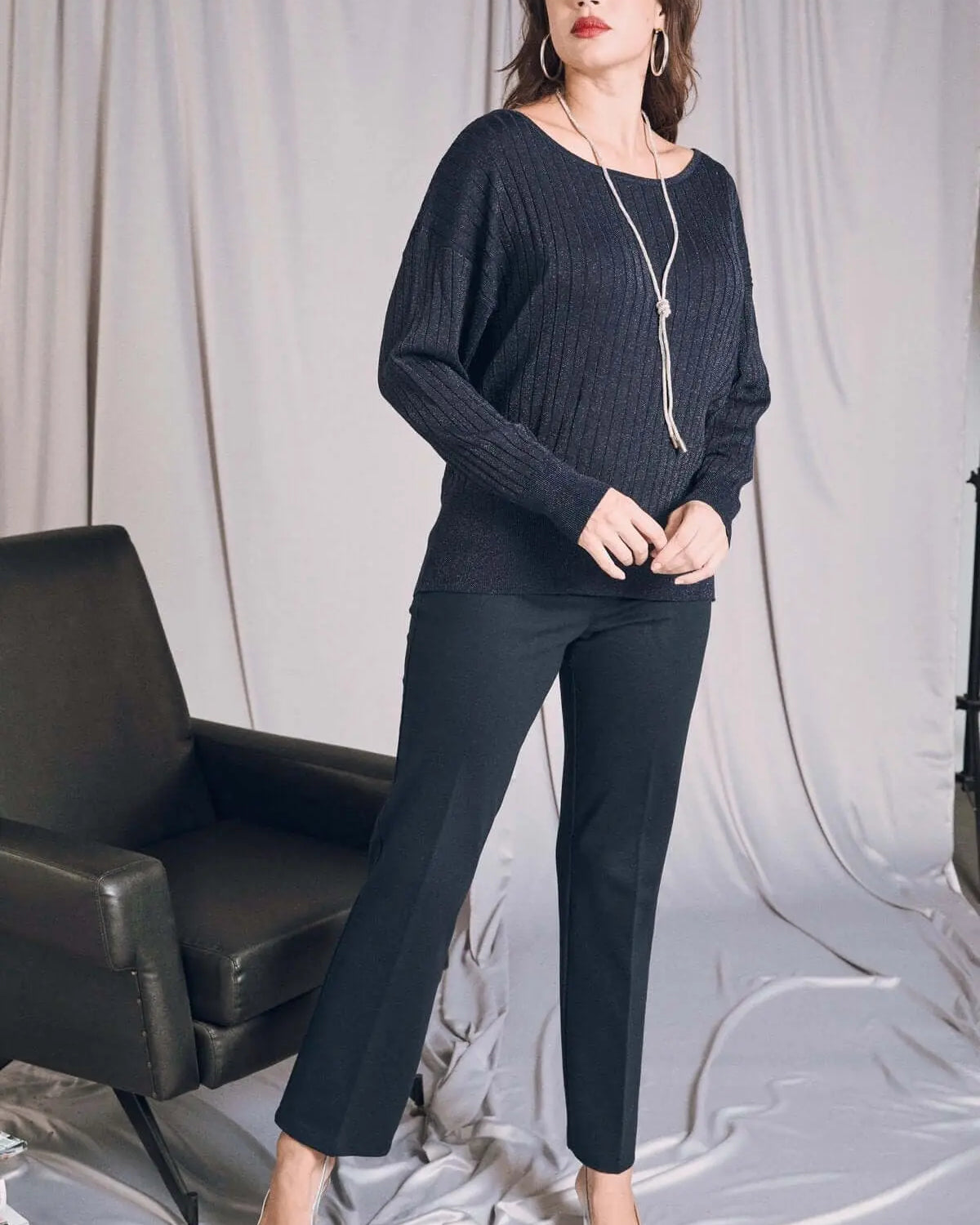 Maglia con scollo a barca a coste lurex BLU DORABELLA