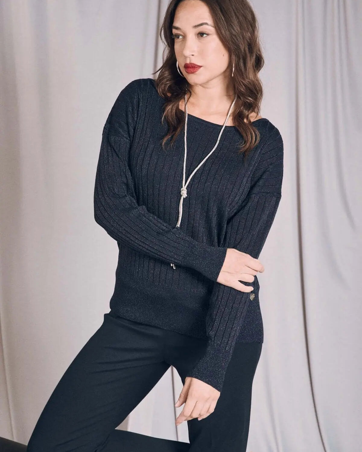 Maglia con scollo a barca a coste lurex BLU DORABELLA