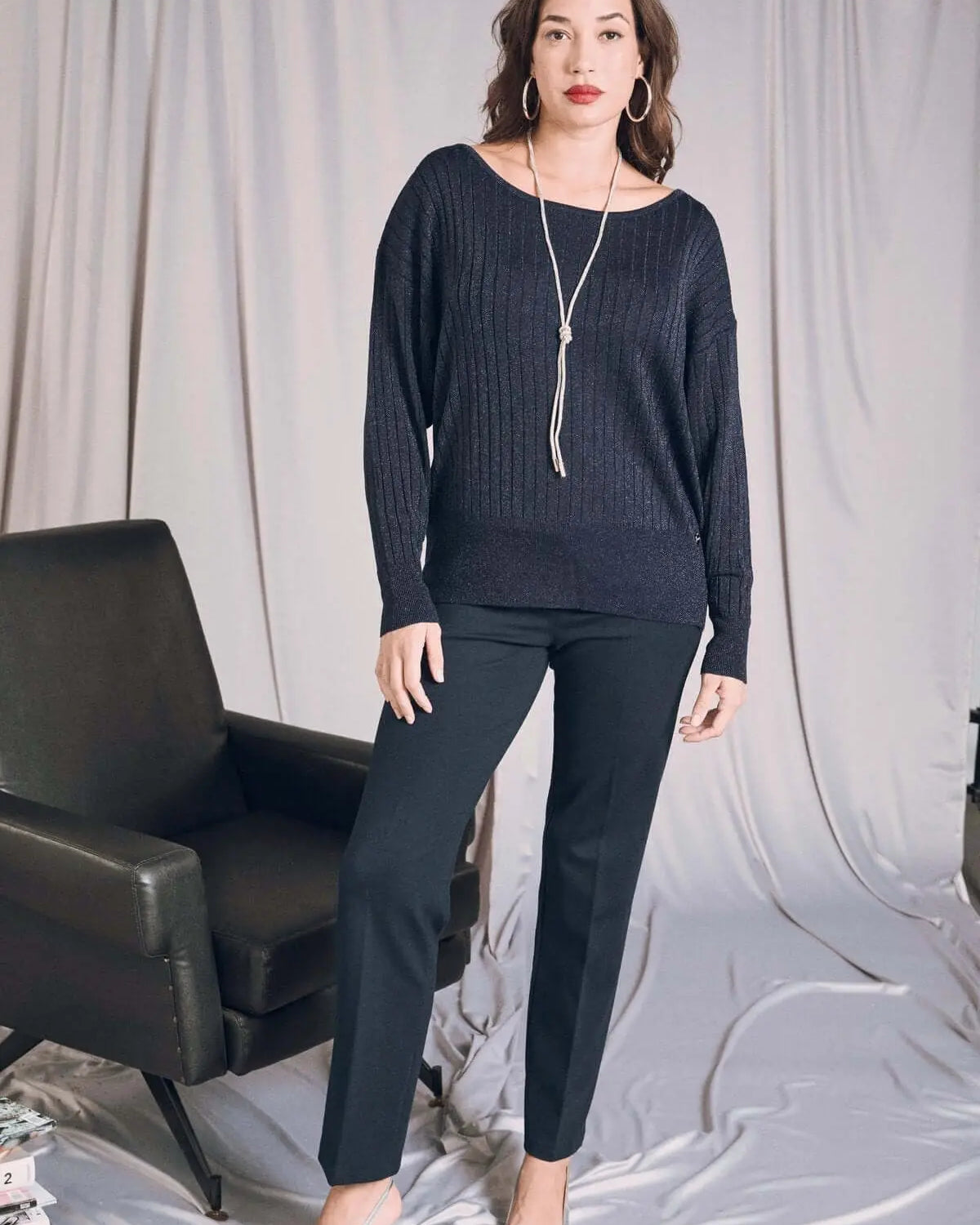 Maglia con scollo a barca a coste lurex BLU DORABELLA