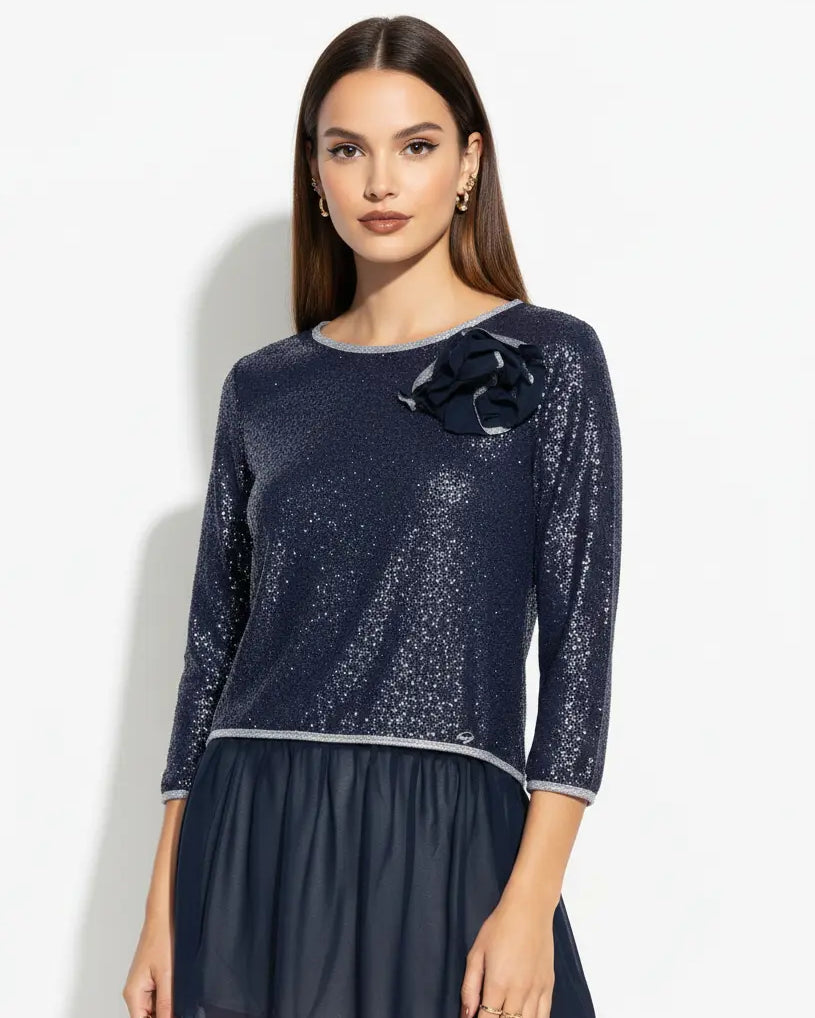 Maglia con spilla fiore BLU IRONICA
