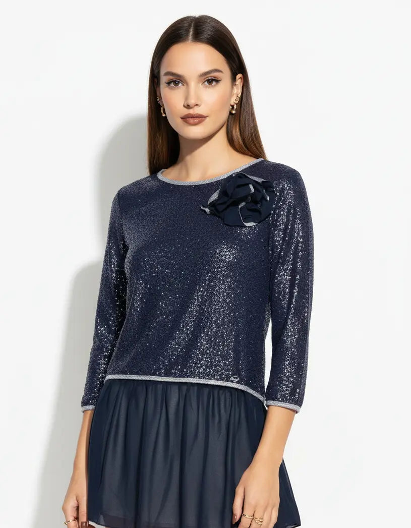 Maglia con spilla fiore BLU IRONICA