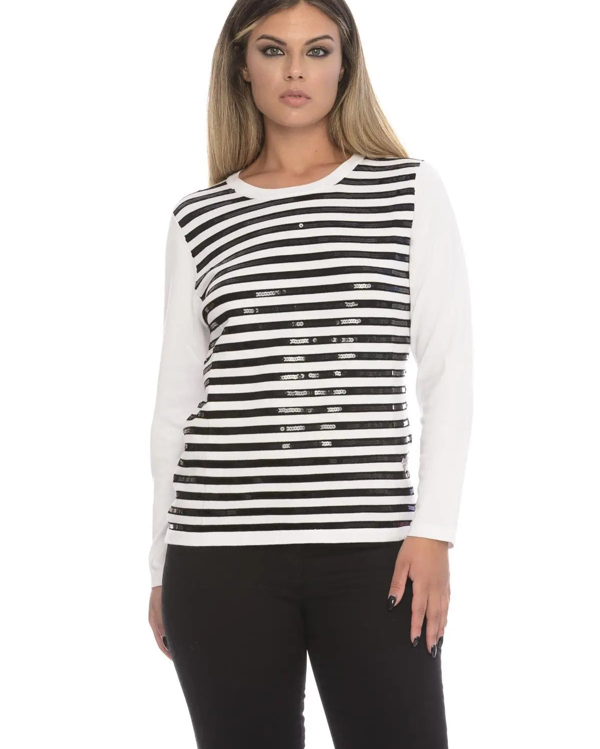 Maglia fantasia a righe e paillettes BLACK-OFF WHITE DORABELLA