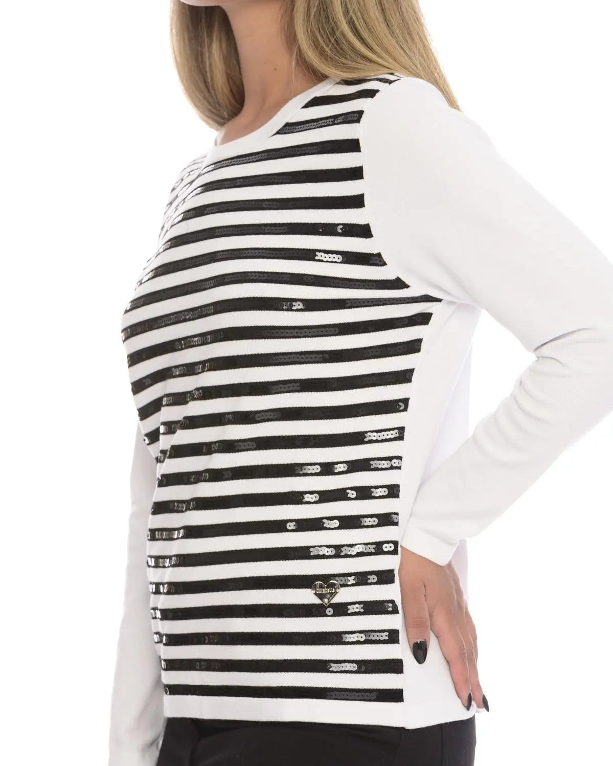 Maglia fantasia a righe e paillettes BLACK-OFF WHITE DORABELLA