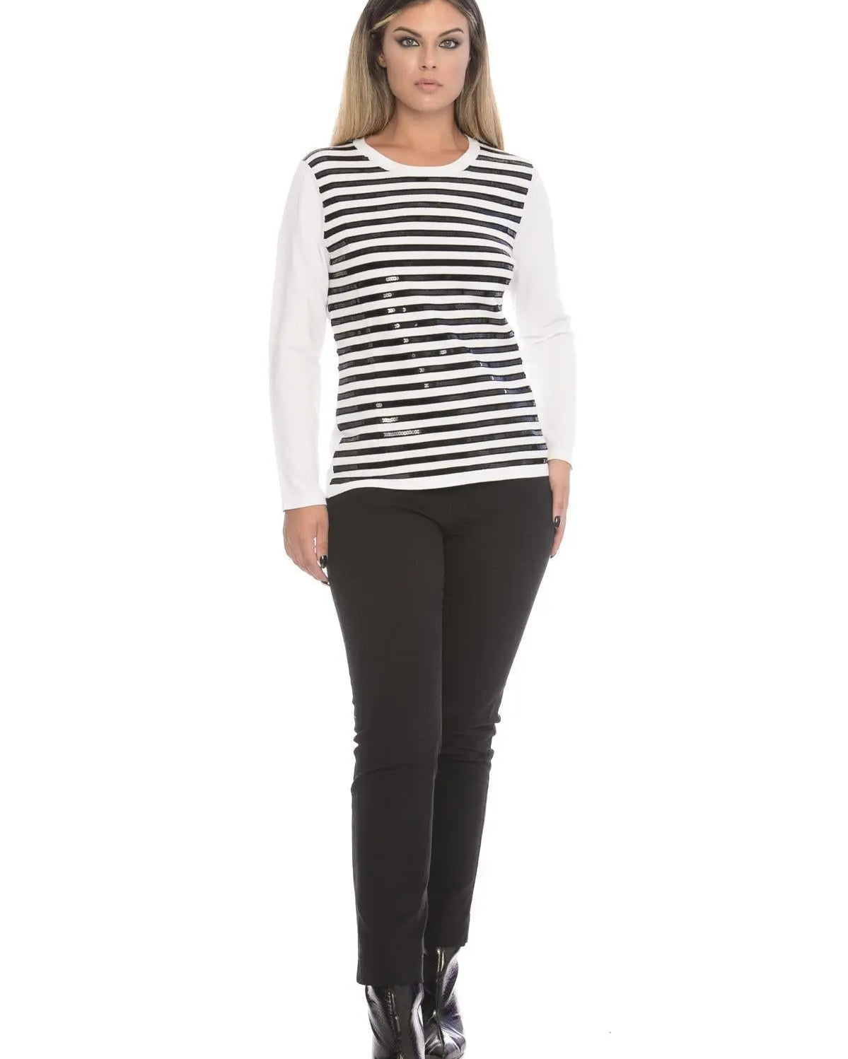 Maglia fantasia a righe e paillettes BLACK-OFF WHITE DORABELLA
