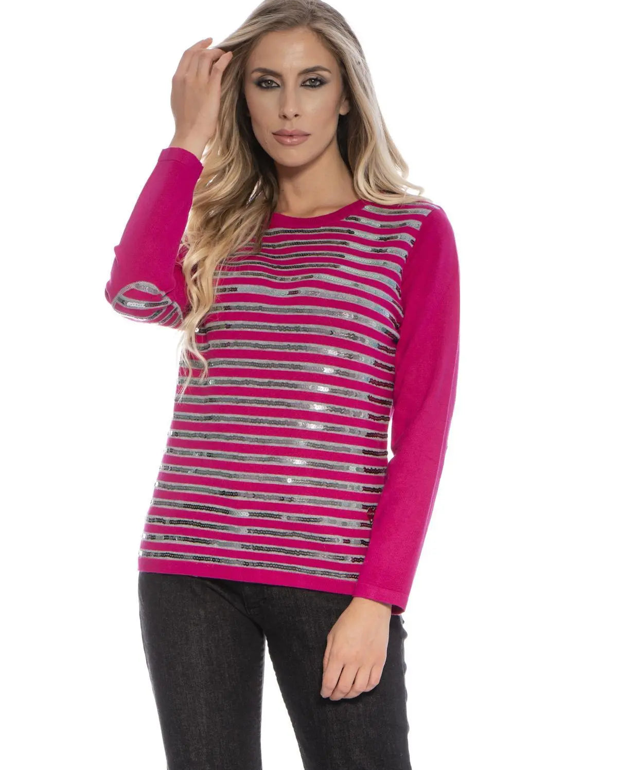 Maglia fantasia a righe e paillettes LIGHT GREY-FUXIA DORABELLA XL