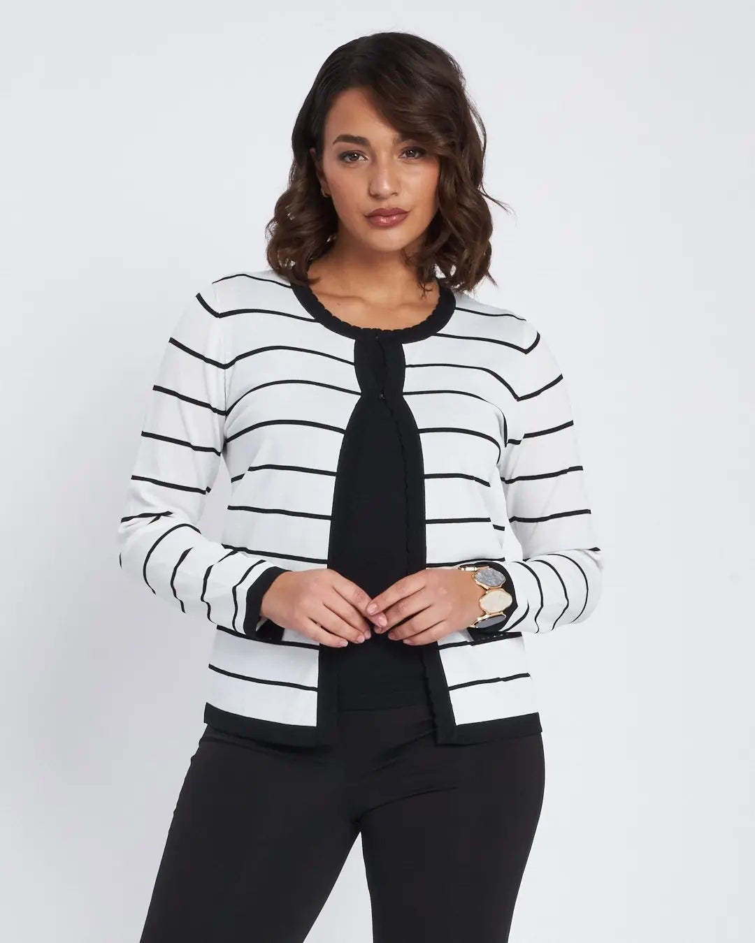 Maglia finto twin set a righe con pattine e ganci NERO DORABELLA